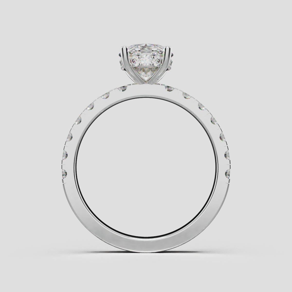 Penombra, 1.5ct oval lab grown diamond engagement ring, 2.0mm Pave, Hidden Halo, 18K white gold - through finger