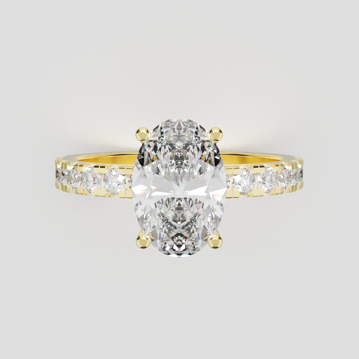 Penombra, 1.5ct oval lab grown diamond engagement ring, 2.0mm Pave, Hidden Halo, 18K yellow gold - front view