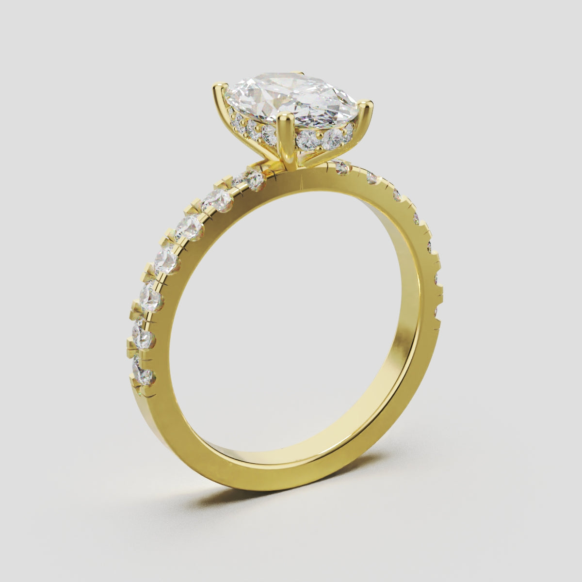 Penombra, 1.5ct oval lab grown diamond engagement ring, 2.0mm Pave, Hidden Halo, 18K yellow gold - ne