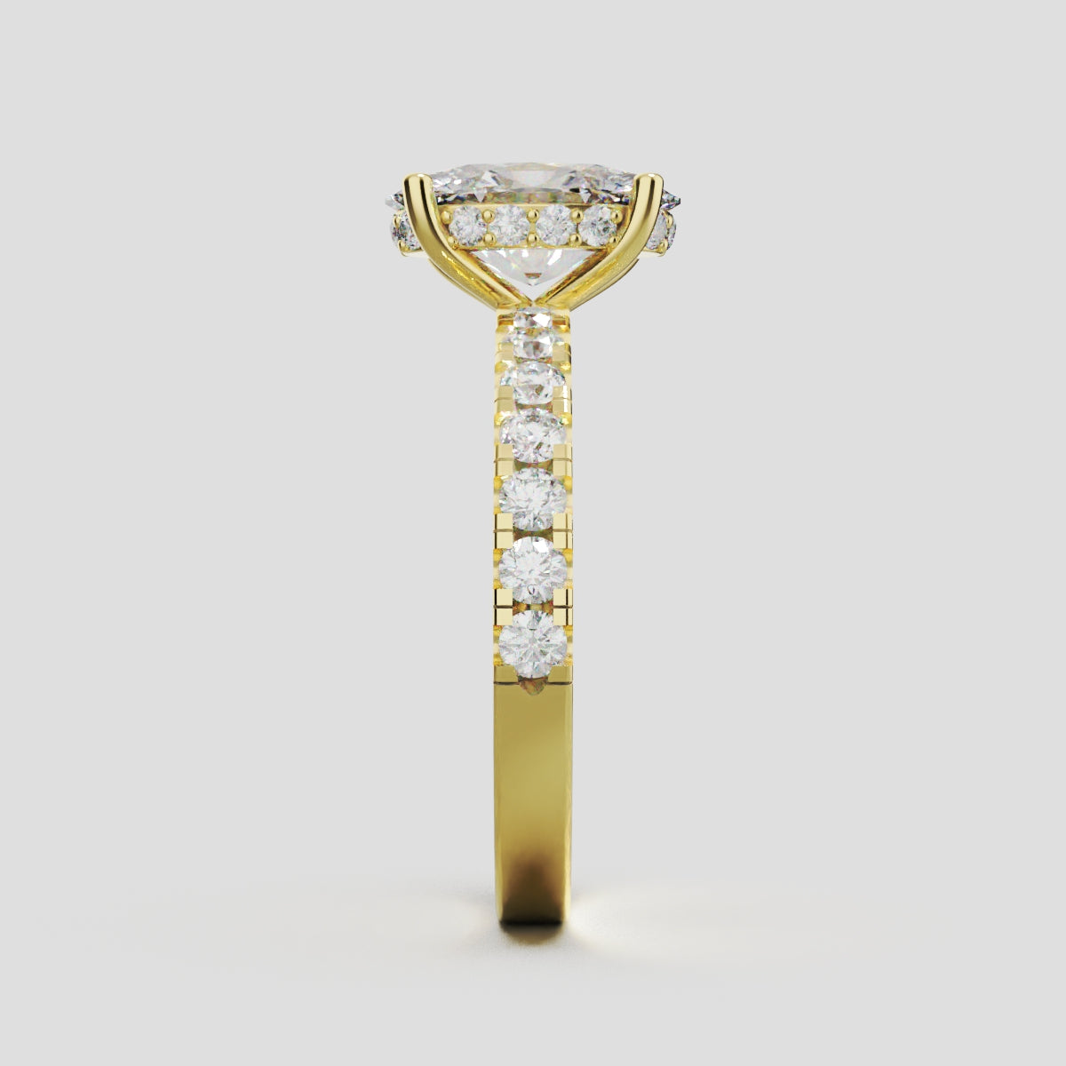 Penombra, 1.5ct oval lab grown diamond engagement ring, 2.0mm Pave, Hidden Halo, 18K yellow gold - side view