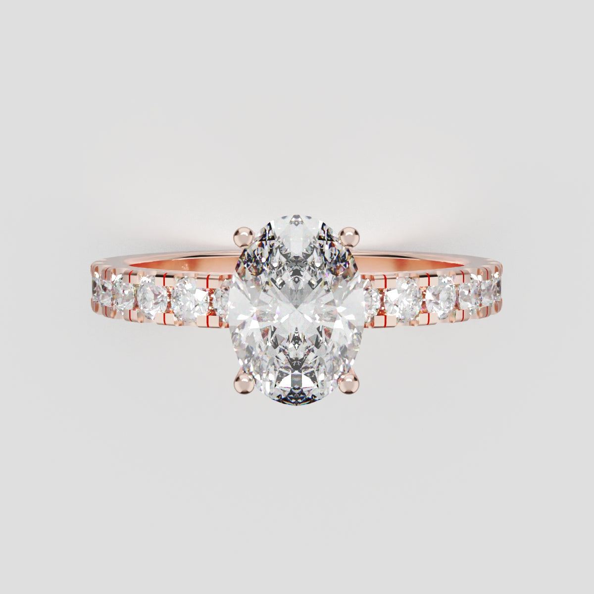 Penombra, 1ct oval lab grown diamond engagement ring, 2.0mm Pave, Hidden Halo, 18K rose gold - front view