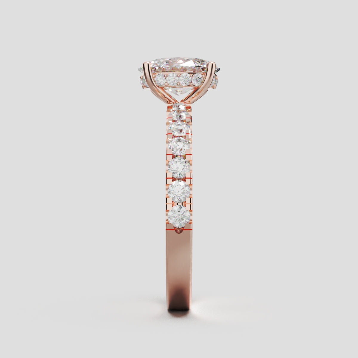 Penombra, 1ct oval lab grown diamond engagement ring, 2.0mm Pave, Hidden Halo, 18K rose gold - side view