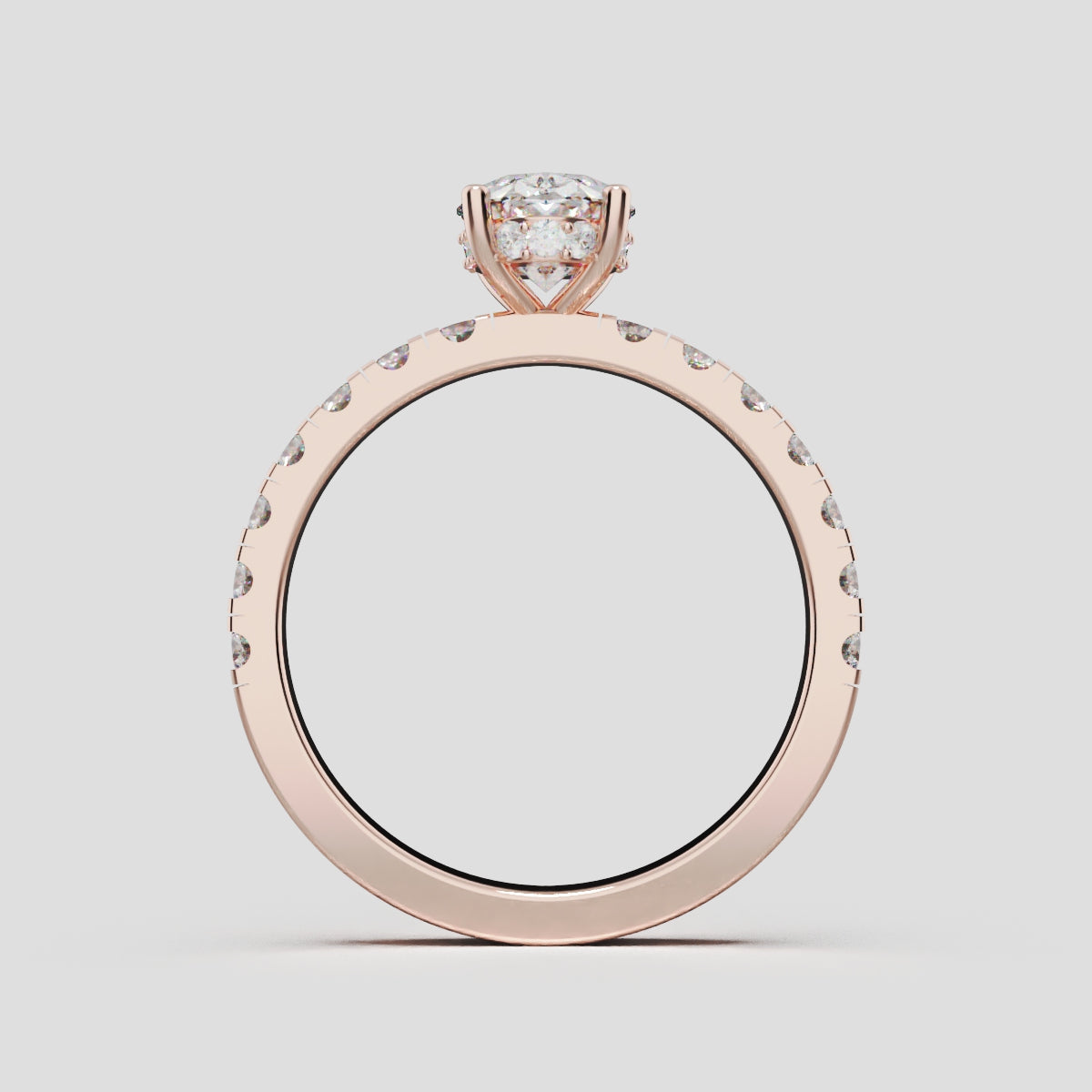 Penombra, 1ct oval lab grown diamond engagement ring, 2.0mm Pave, Hidden Halo, 18K rose gold - through finger