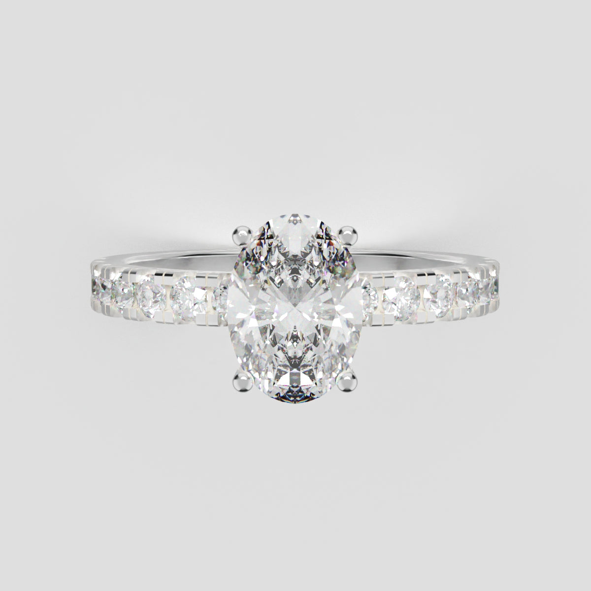 Penombra, 1ct oval lab grown diamond engagement ring, 2.0mm Pave, Hidden Halo, 18K white gold - front view
