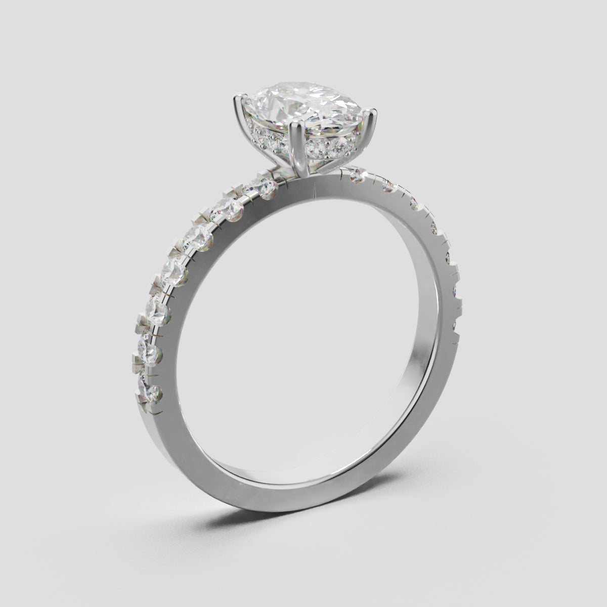 Penombra, 1ct oval lab grown diamond engagement ring, 2.0mm Pave, Hidden Halo, 18K white gold - ne