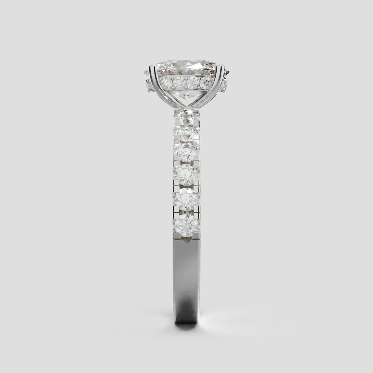 Penombra, 1ct oval lab grown diamond engagement ring, 2.0mm Pave, Hidden Halo, 18K white gold - side view