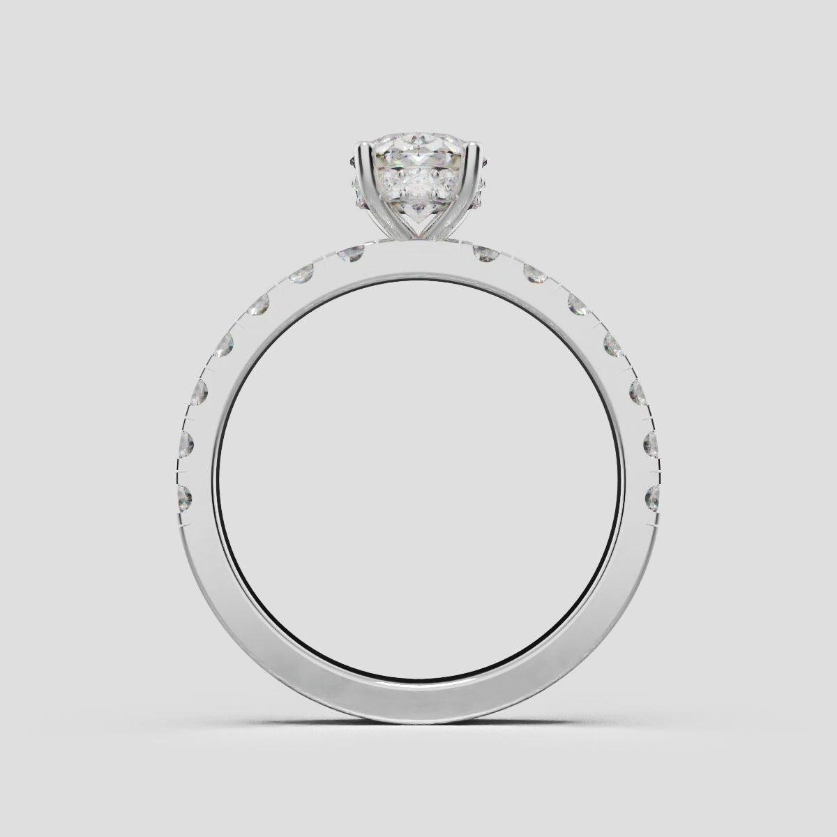 Penombra, 1ct oval lab grown diamond engagement ring, 2.0mm Pave, Hidden Halo, 18K white gold - through finger