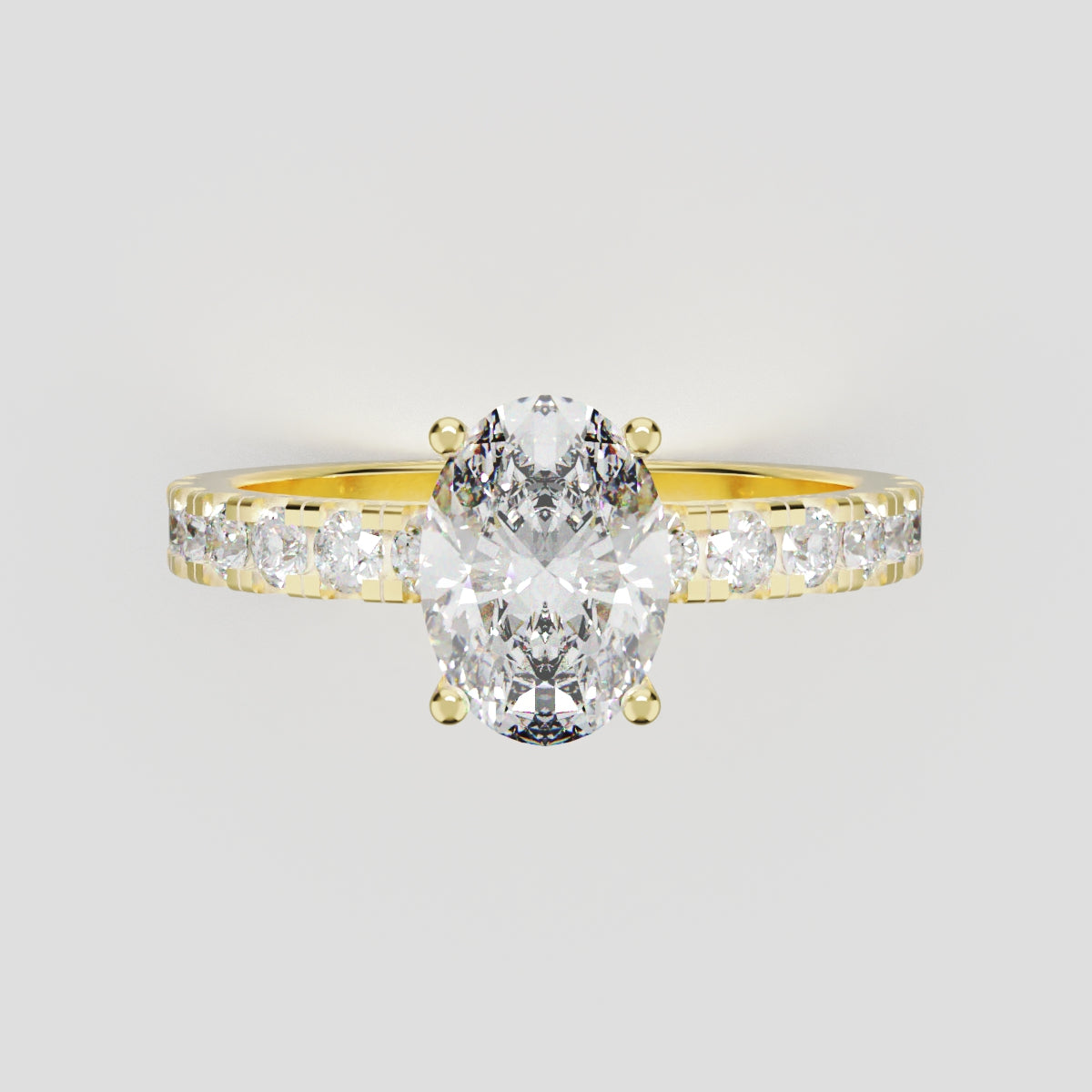 Penombra, 1ct oval lab grown diamond engagement ring, 2.0mm Pave, Hidden Halo, 18K yellow gold - front view