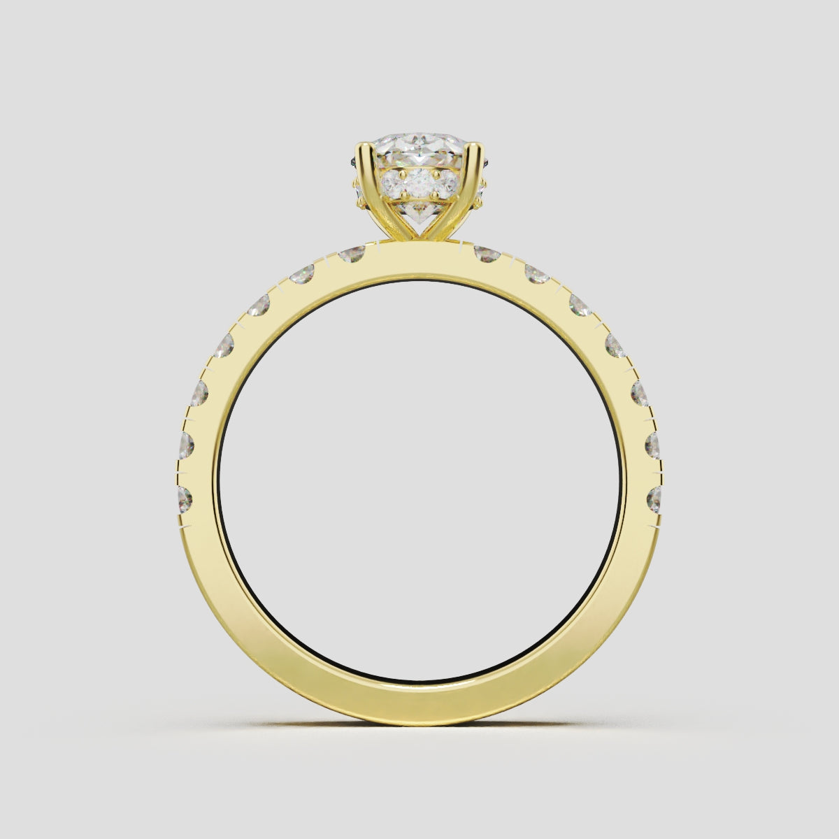 Penombra, 1ct oval lab grown diamond engagement ring, 2.0mm Pave, Hidden Halo, 18K yellow gold - through finger