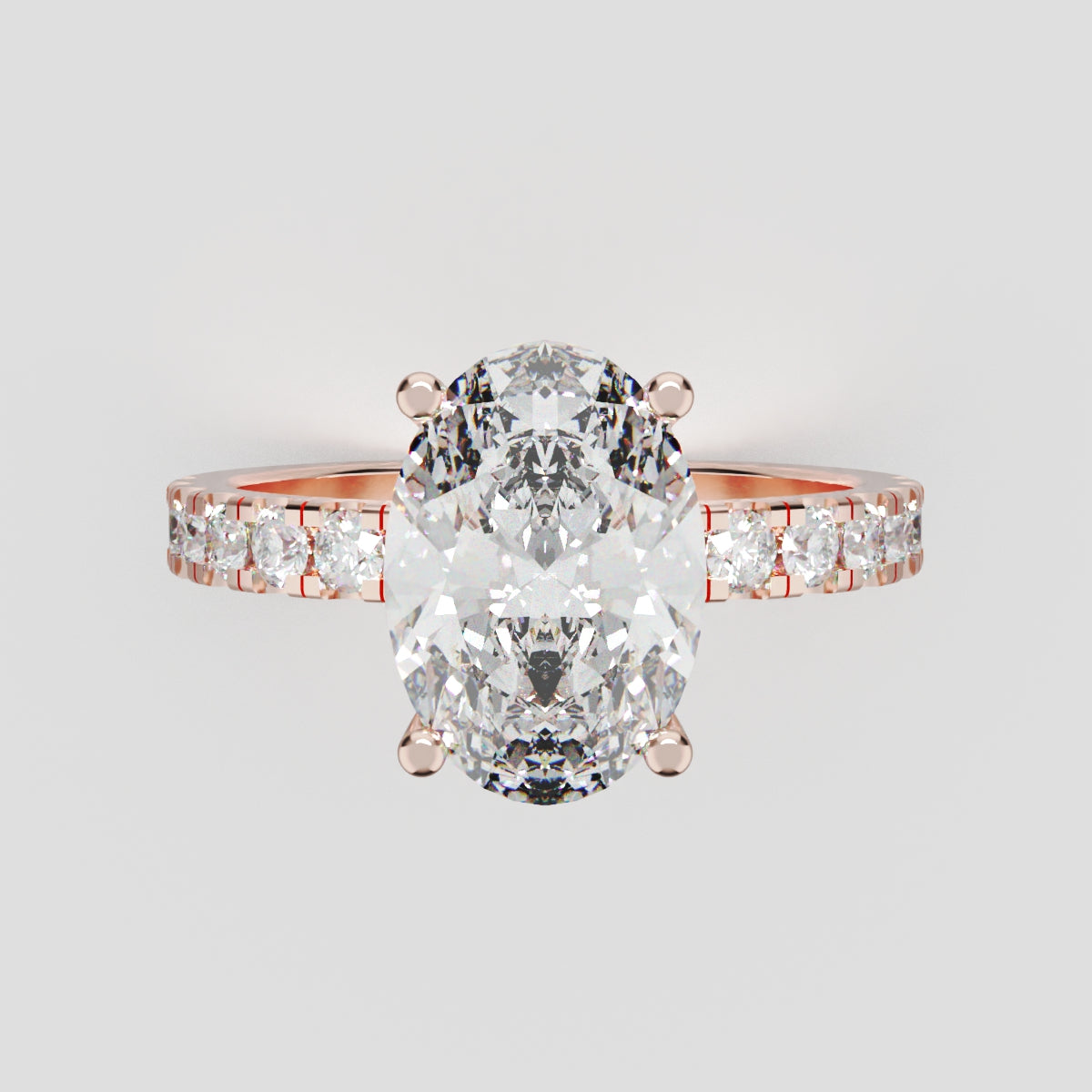 Penombra, 2ct oval lab grown diamond engagement ring, 2.0mm Pave, Hidden Halo, 18K rose gold - front view
