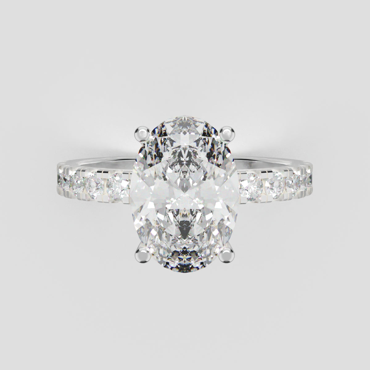 Penombra, 2ct oval lab grown diamond engagement ring, 2.0mm Pave, Hidden Halo, 18K white gold - front view