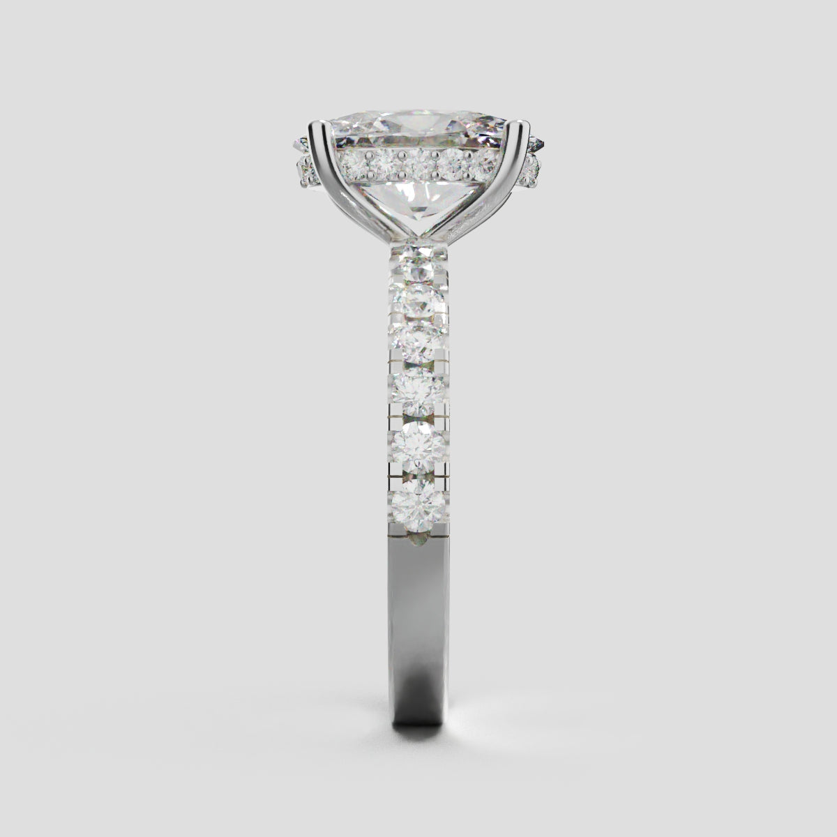 Penombra, 2ct oval lab grown diamond engagement ring, 2.0mm Pave, Hidden Halo, 18K white gold - side view
