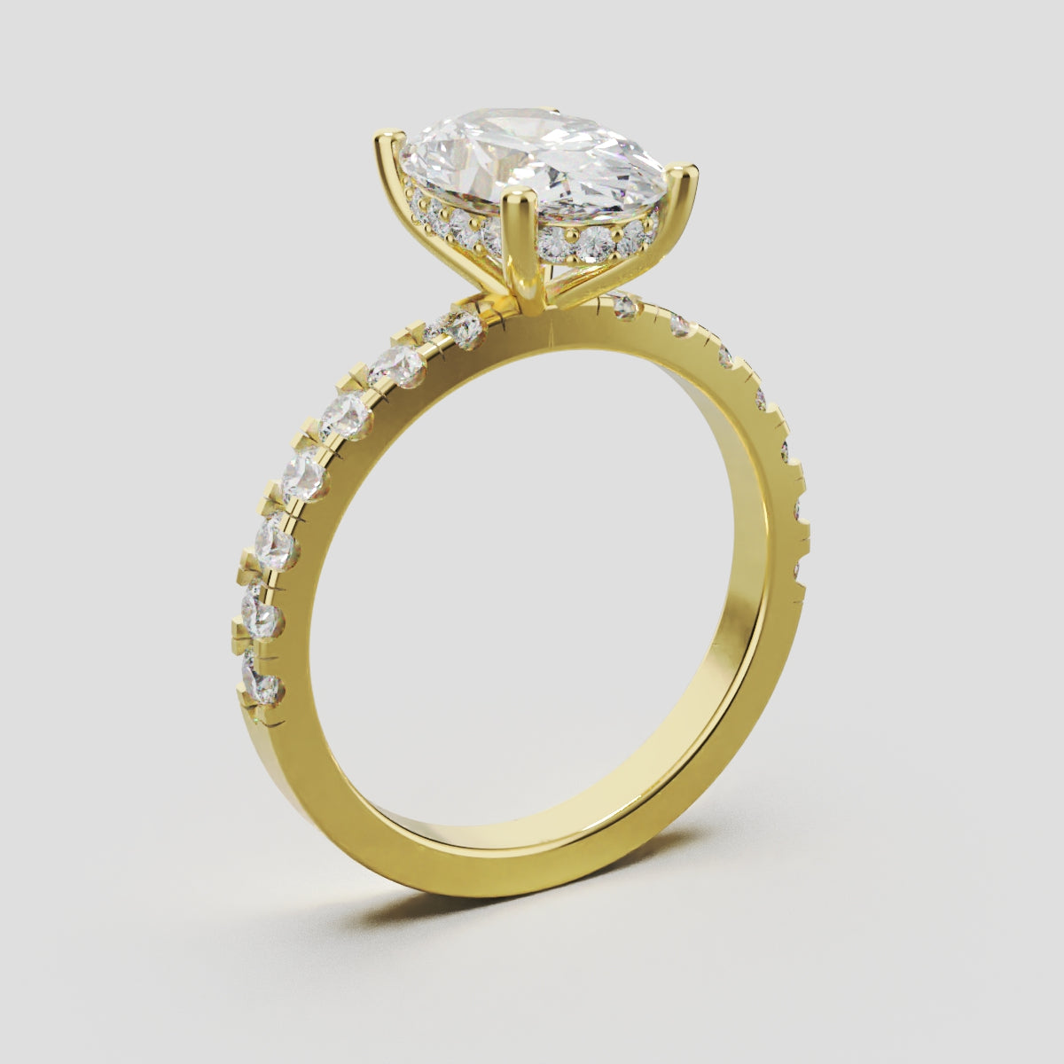 Penombra, 2ct oval lab grown diamond engagement ring, 2.0mm Pave, Hidden Halo, 18K yellow gold - ne