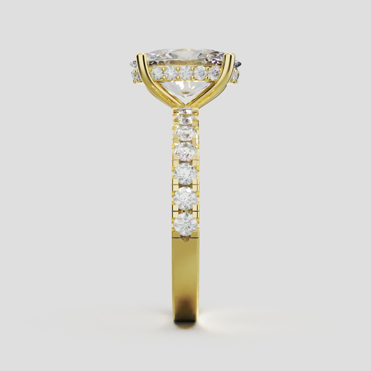 Penombra, 2ct oval lab grown diamond engagement ring, 2.0mm Pave, Hidden Halo, 18K yellow gold - side view