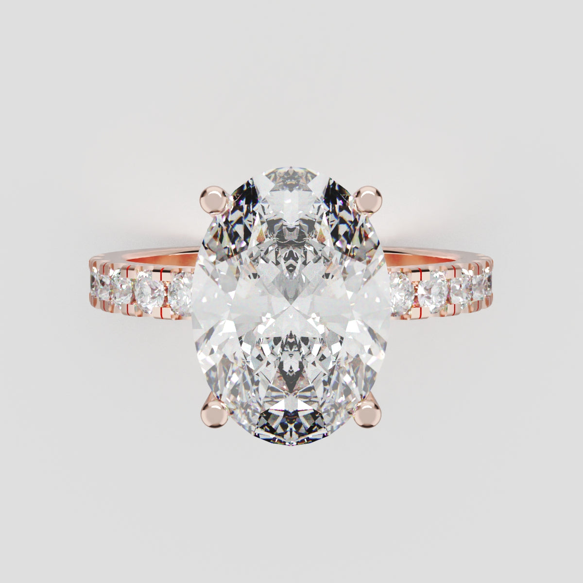 Penombra, 3ct oval lab grown diamond engagement ring, 2.0mm Pave, Hidden Halo, 18K rose gold - front view