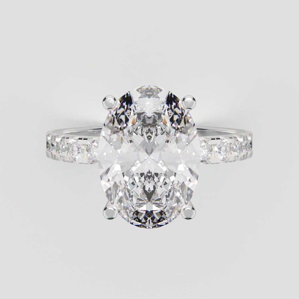 Penombra, 3ct oval lab grown diamond engagement ring, 2.0mm Pave, Hidden Halo, 18K white gold - front view