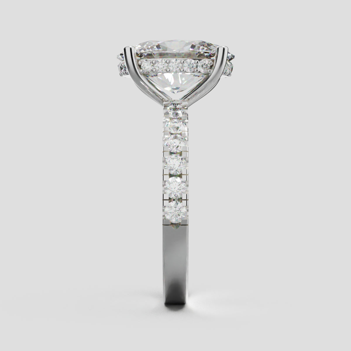 Penombra, 3ct oval lab grown diamond engagement ring, 2.0mm Pave, Hidden Halo, 18K white gold - side view