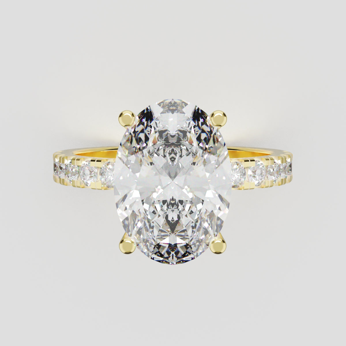 Penombra, 3ct oval lab grown diamond engagement ring, 2.0mm Pave, Hidden Halo, 18K yellow gold - front view