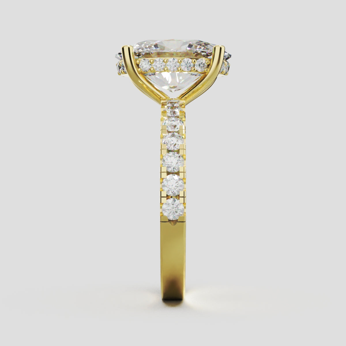 Penombra, 3ct oval lab grown diamond engagement ring, 2.0mm Pave, Hidden Halo, 18K yellow gold - side view