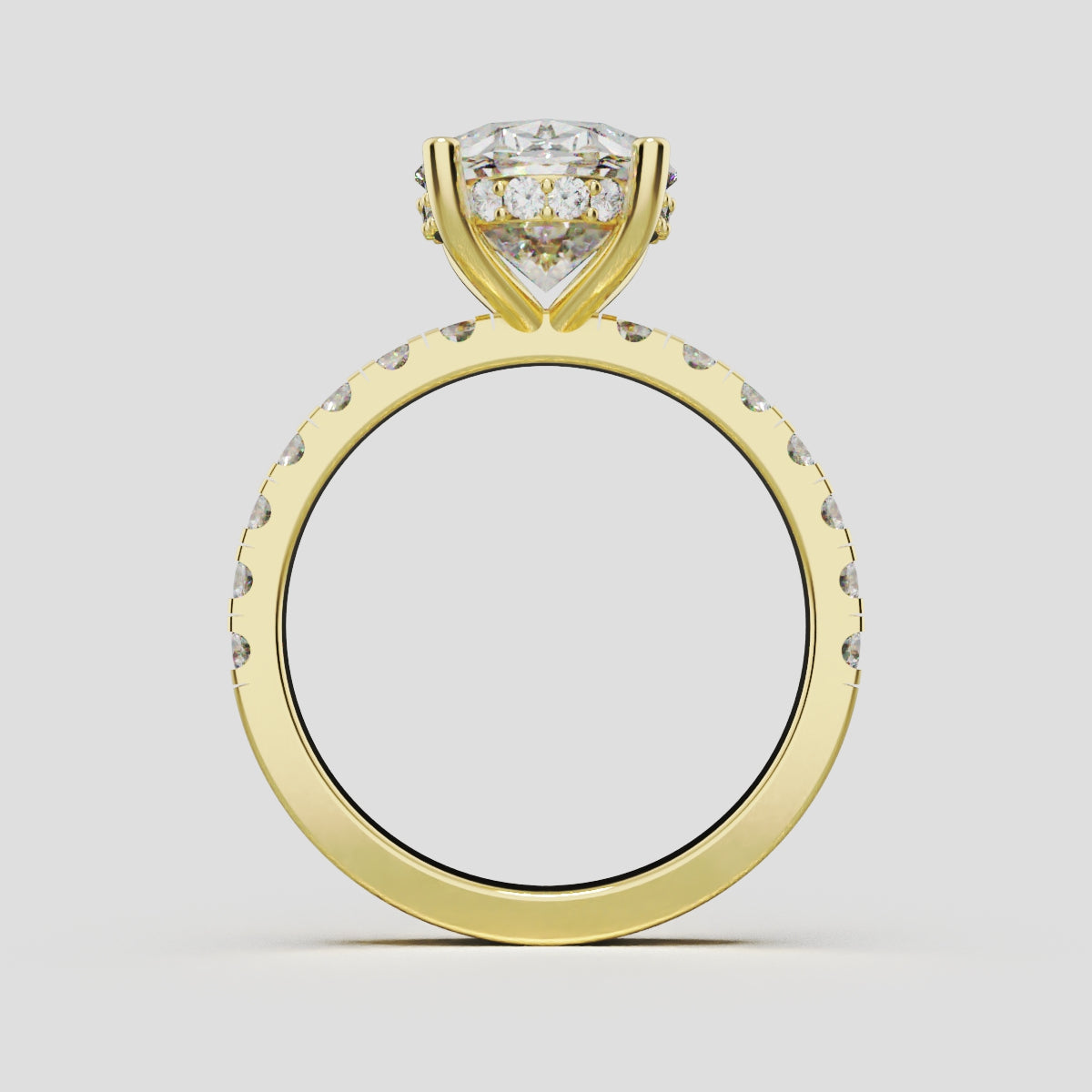 Penombra, 3ct oval lab grown diamond engagement ring, 2.0mm Pave, Hidden Halo, 18K yellow gold - through finger