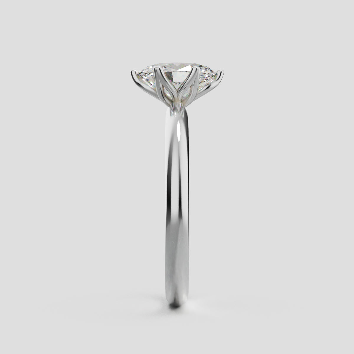 Calice, 1ct oval lab grown diamond engagement ring, Petal Set, 18K white gold - side view