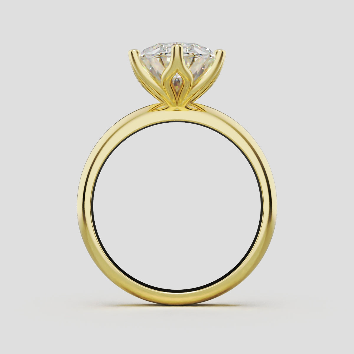 Calice, 3ct oval lab grown diamond engagement ring, Petal Set, 18K yellow gold - through finger