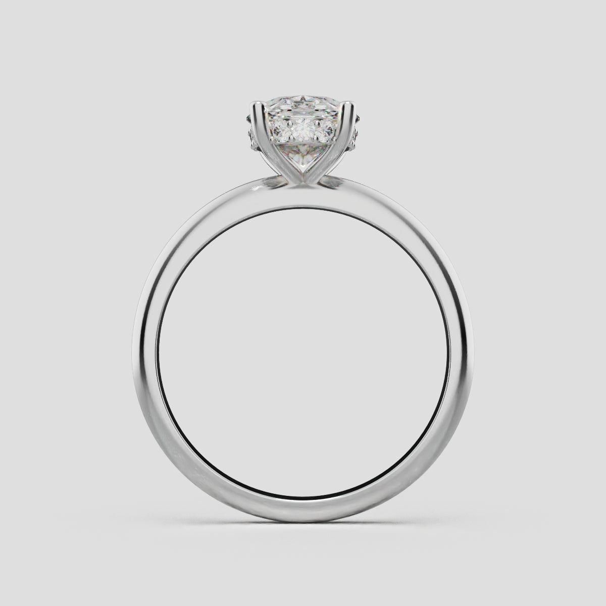 Riserbo, 1.5ct oval lab grown diamond engagement ring, Plain Sides, Hidden Halo, 18K white gold - through finger