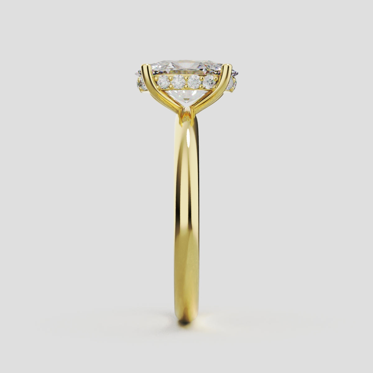 Riserbo, 1.5ct oval lab grown diamond engagement ring, Plain Sides, Hidden Halo, 18K yellow gold - side view