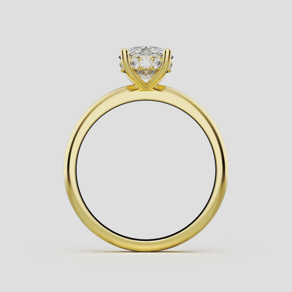 Riserbo, 1.5ct oval lab grown diamond engagement ring, Plain Sides, Hidden Halo, 18K yellow gold - through finger