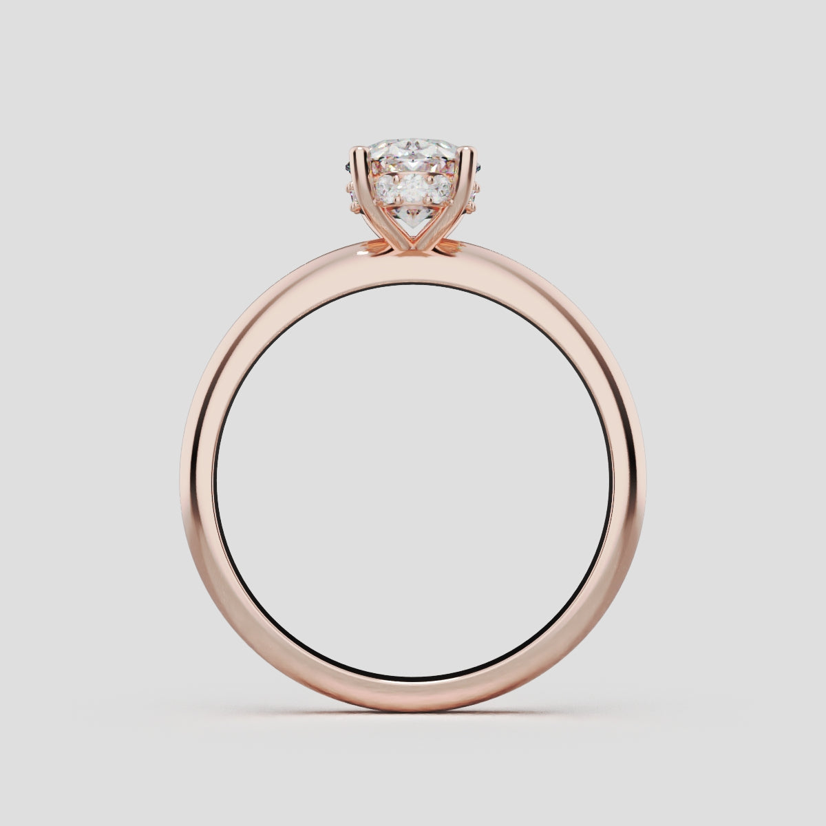 Riserbo, 1ct oval lab grown diamond engagement ring, Plain Sides, Hidden Halo, 18K rose gold - through finger