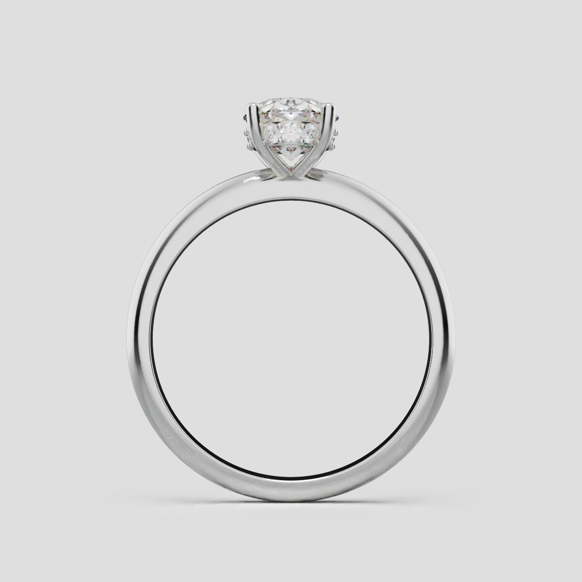Riserbo, 1ct oval lab grown diamond engagement ring, Plain Sides, Hidden Halo, 18K white gold - through finger