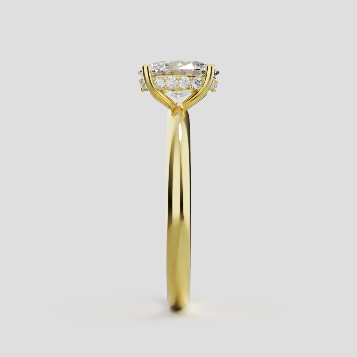 Riserbo, 1ct oval lab grown diamond engagement ring, Plain Sides, Hidden Halo, 18K yellow gold - side view