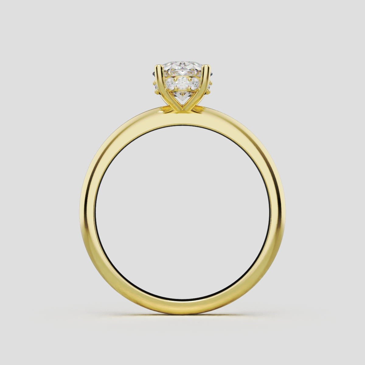 Riserbo, 1ct oval lab grown diamond engagement ring, Plain Sides, Hidden Halo, 18K yellow gold - through finger