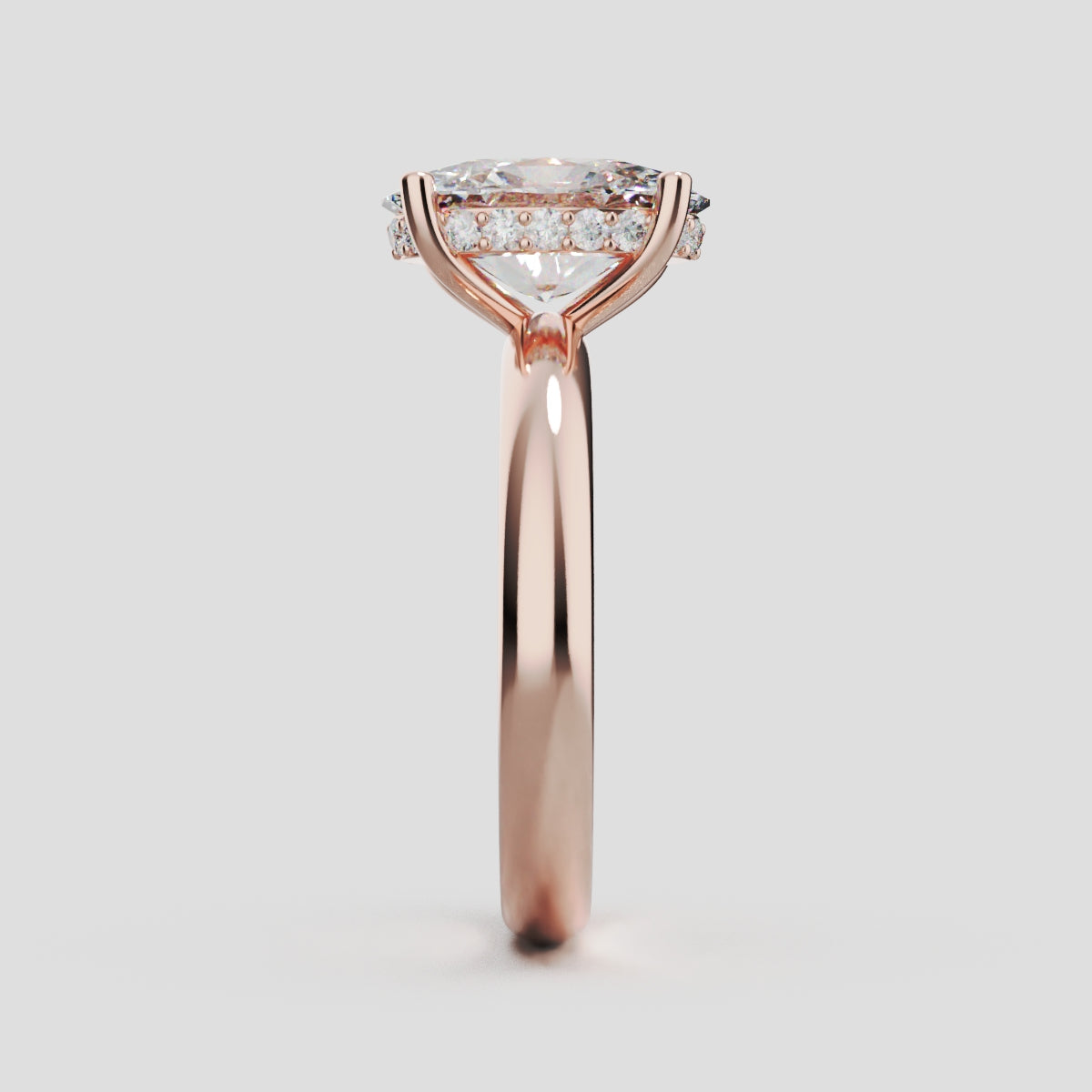 Riserbo, 2ct oval lab grown diamond engagement ring, Plain Sides, Hidden Halo, 18K rose gold - side view
