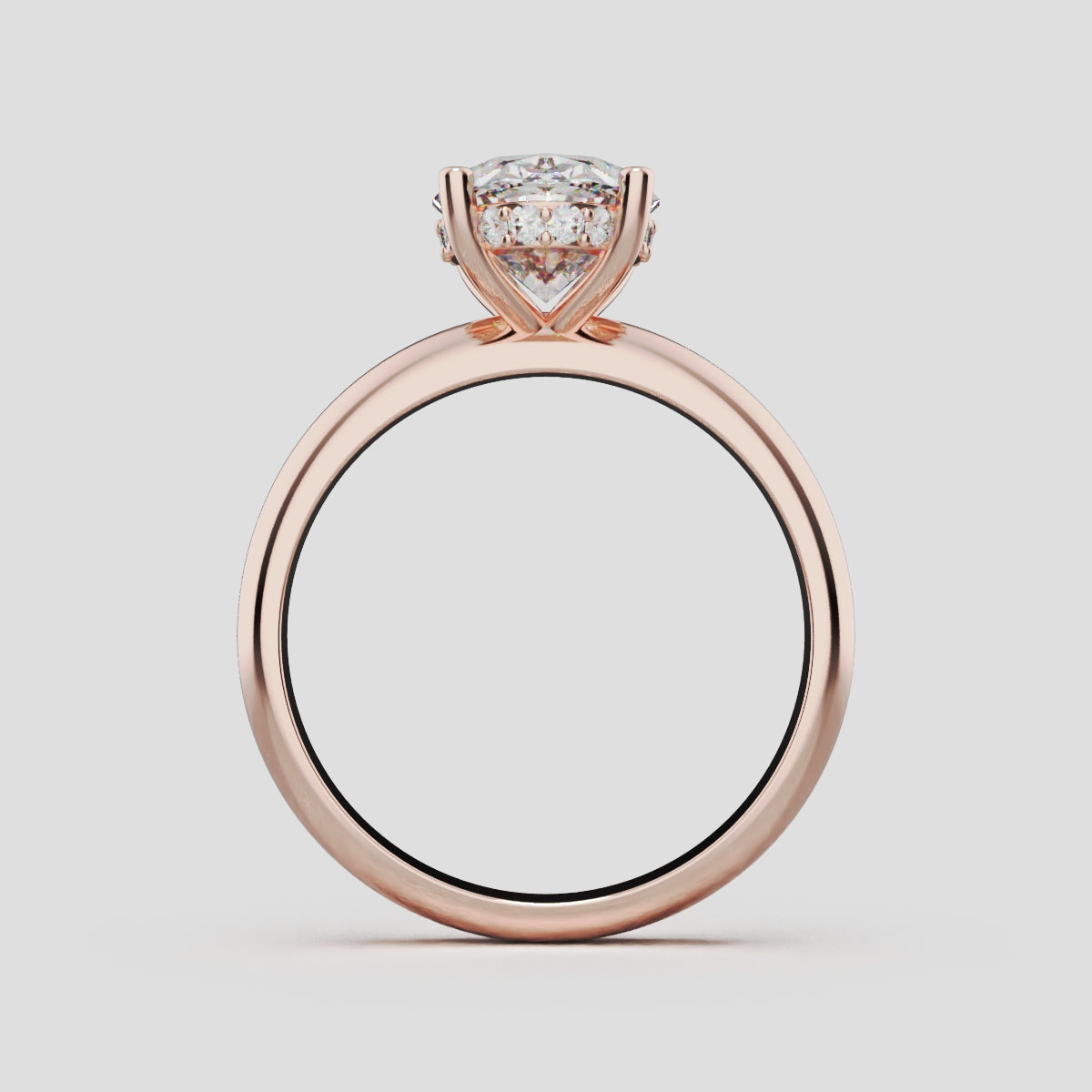 Riserbo, 2ct oval lab grown diamond engagement ring, Plain Sides, Hidden Halo, 18K rose gold - through finger