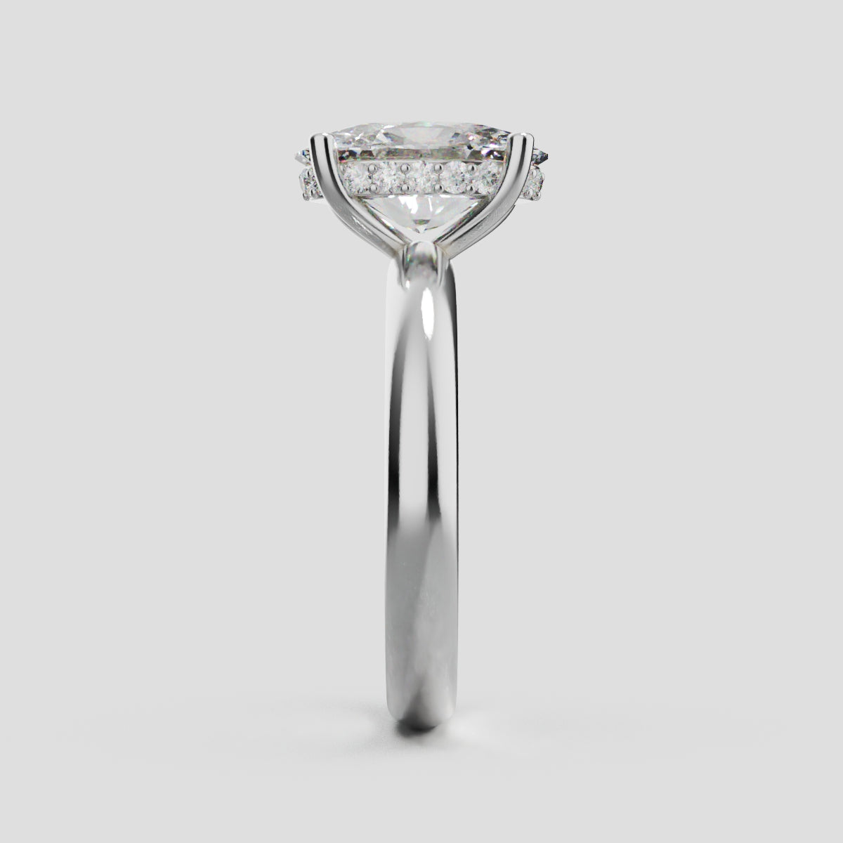 Riserbo, 2ct oval lab grown diamond engagement ring, Plain Sides, Hidden Halo, 18K white gold - side view
