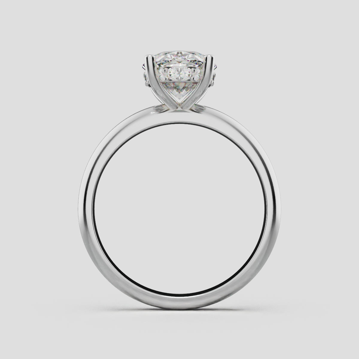 Riserbo, 2ct oval lab grown diamond engagement ring, Plain Sides, Hidden Halo, 18K white gold - through finger