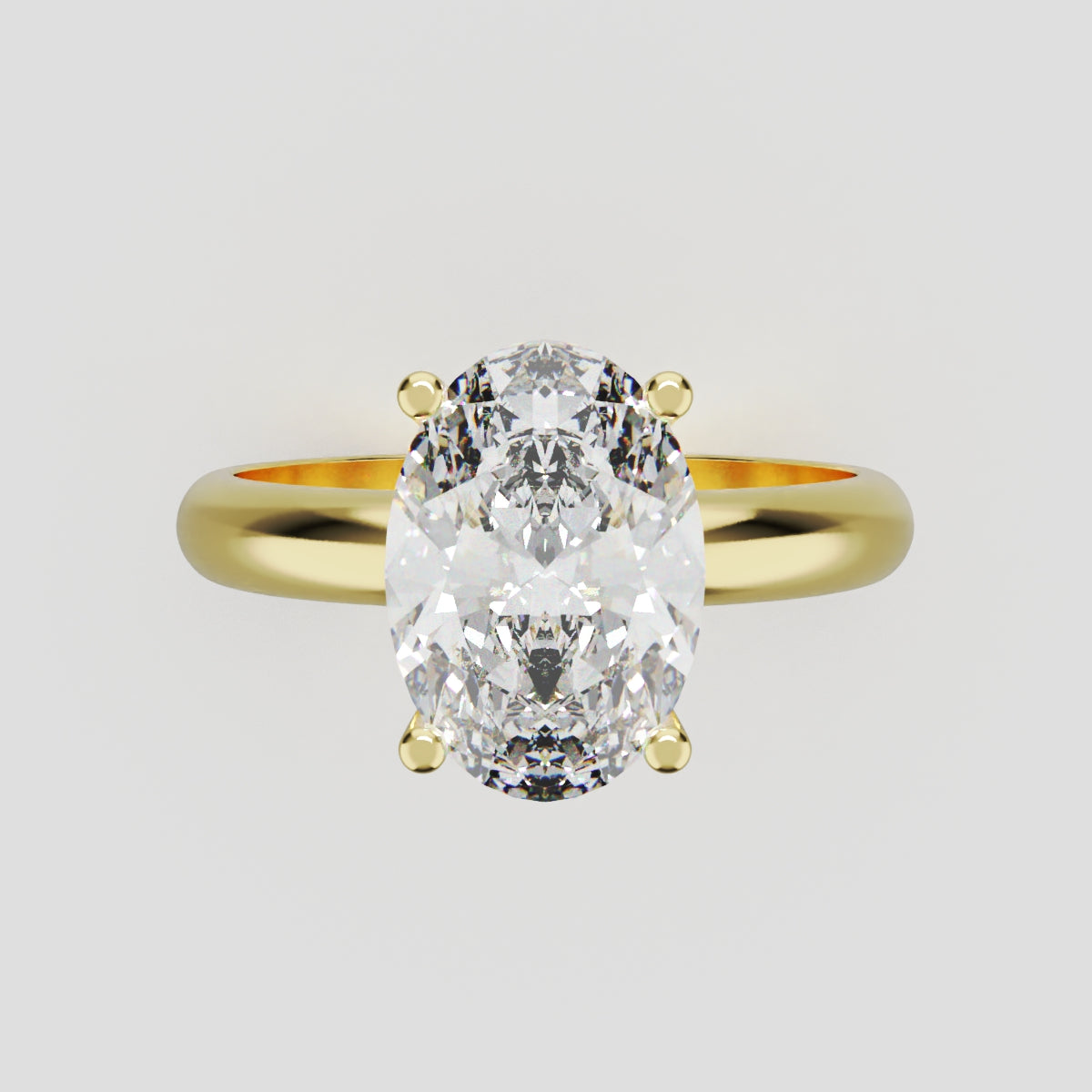 Riserbo, 2ct oval lab grown diamond engagement ring, Plain Sides, Hidden Halo, 18K yellow gold - front view