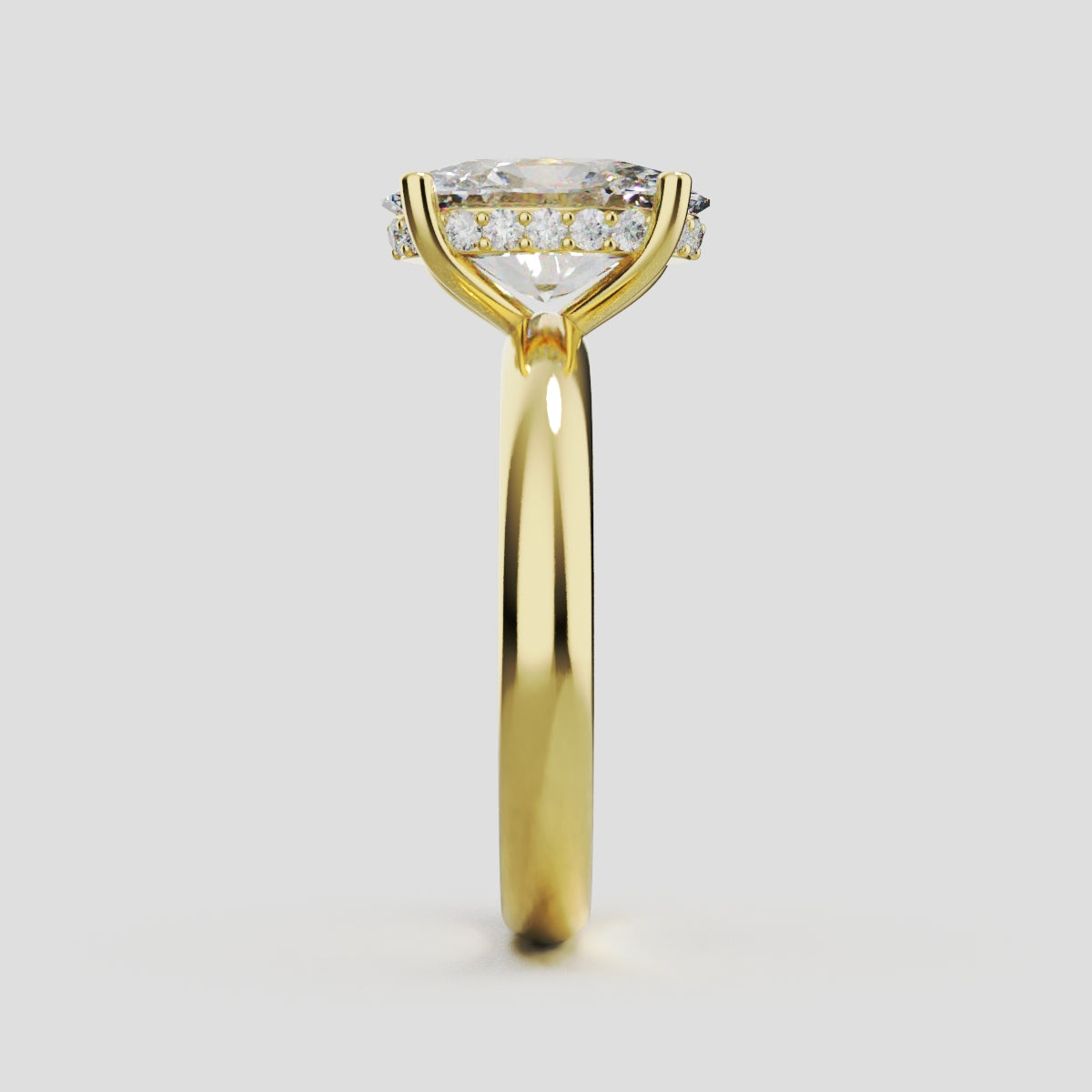 Riserbo, 2ct oval lab grown diamond engagement ring, Plain Sides, Hidden Halo, 18K yellow gold - side view