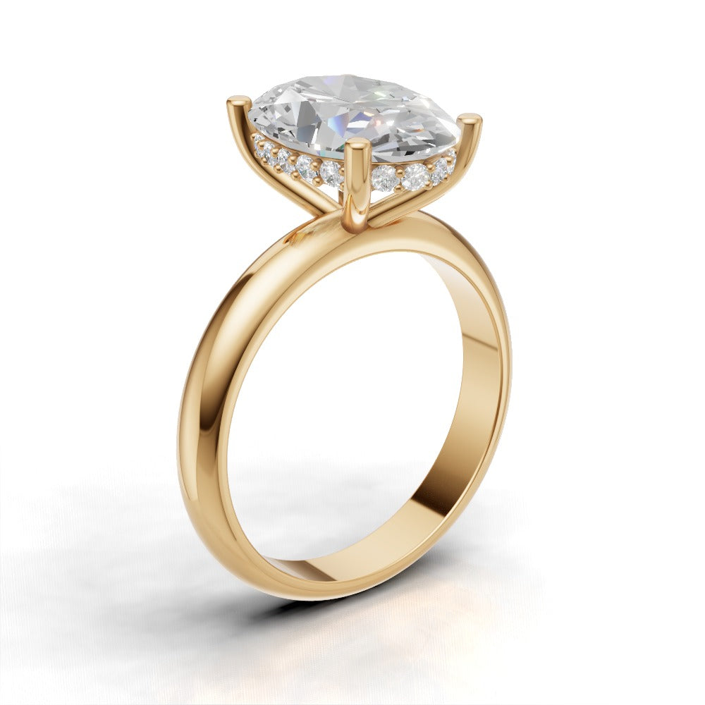 Riserbo, 3ct oval lab grown diamond engagement ring, Plain Sides, Hidden Halo, 18K yellow gold - ne