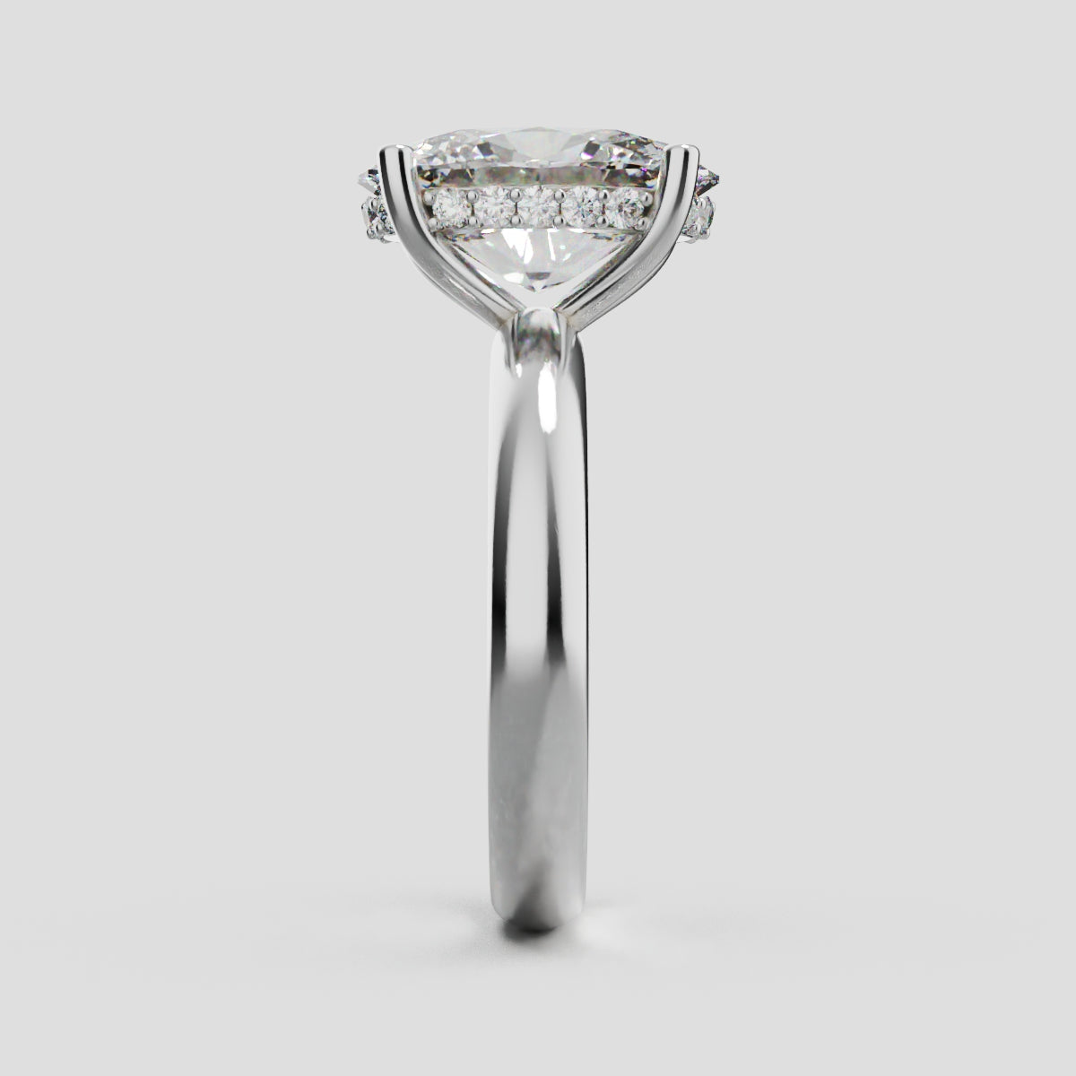 Riserbo, 3ct oval lab grown diamond engagement ring, Plain Sides, Hidden Halo, 18K white gold - side view