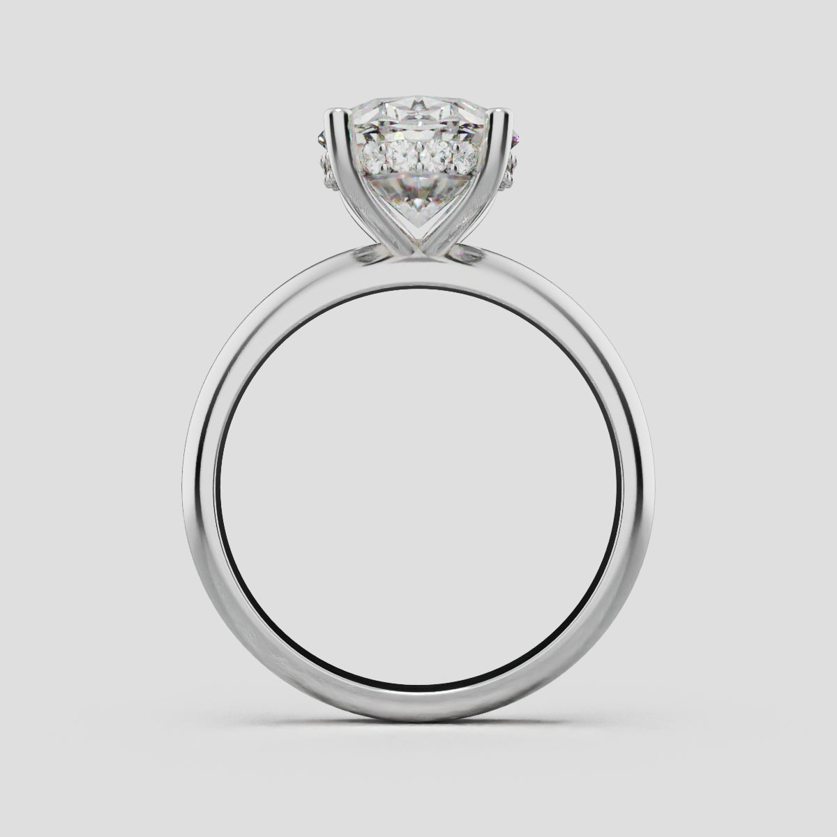 Riserbo, 3ct oval lab grown diamond engagement ring, Plain Sides, Hidden Halo, 18K white gold - through finger