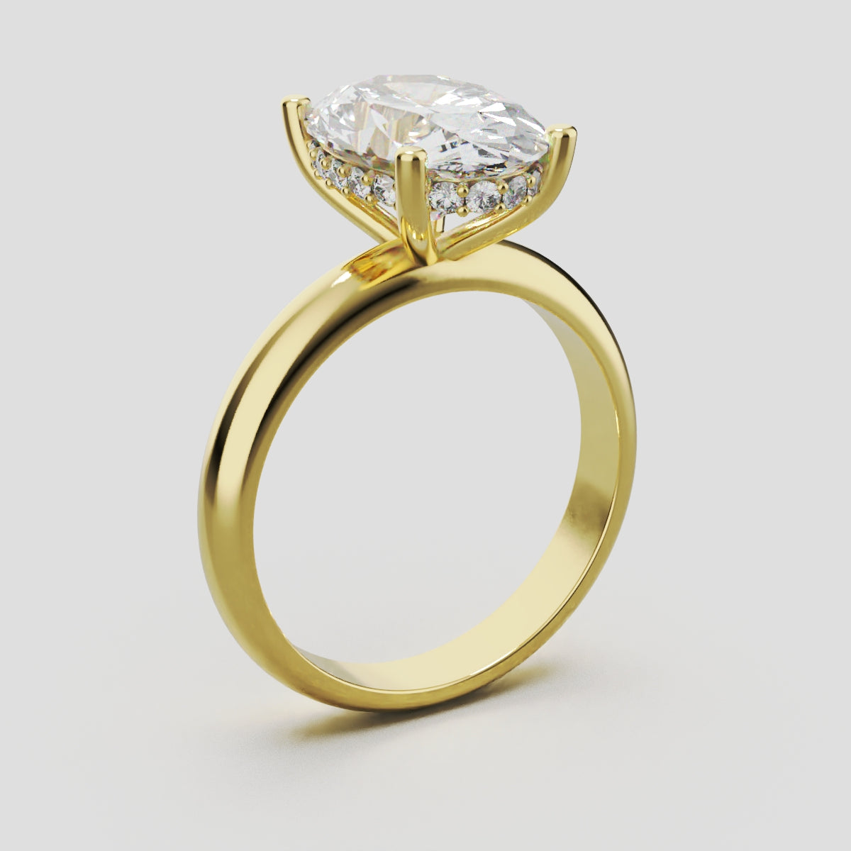 Riserbo, 3ct oval lab grown diamond engagement ring, Plain Sides, Hidden Halo, 18K yellow gold - ne