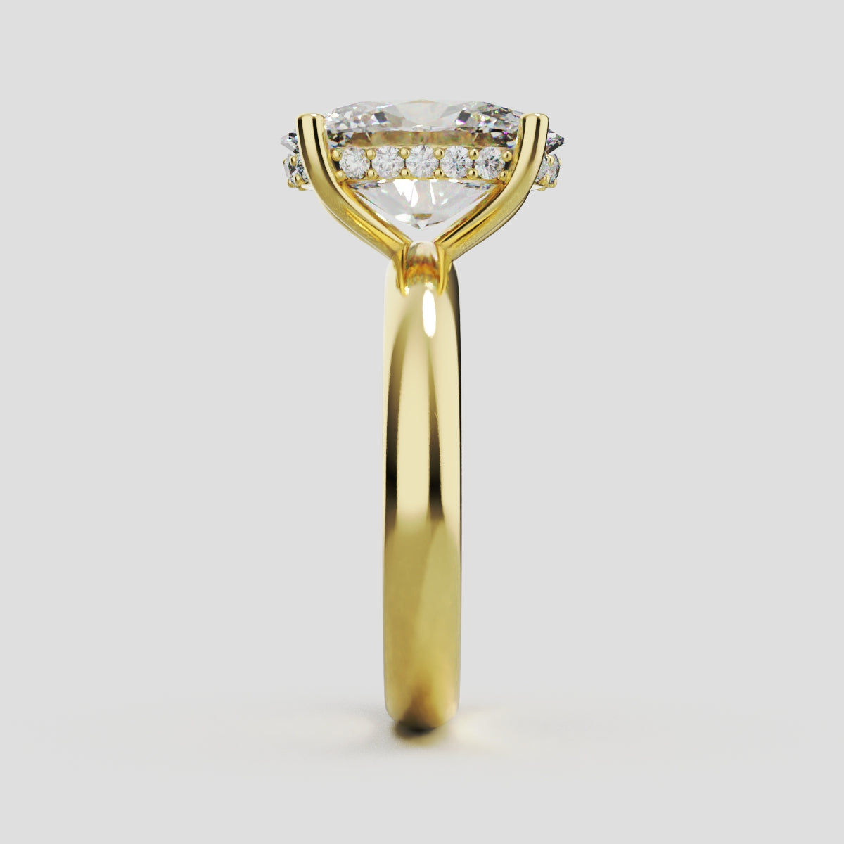 Riserbo, 3ct oval lab grown diamond engagement ring, Plain Sides, Hidden Halo, 18K yellow gold - side view