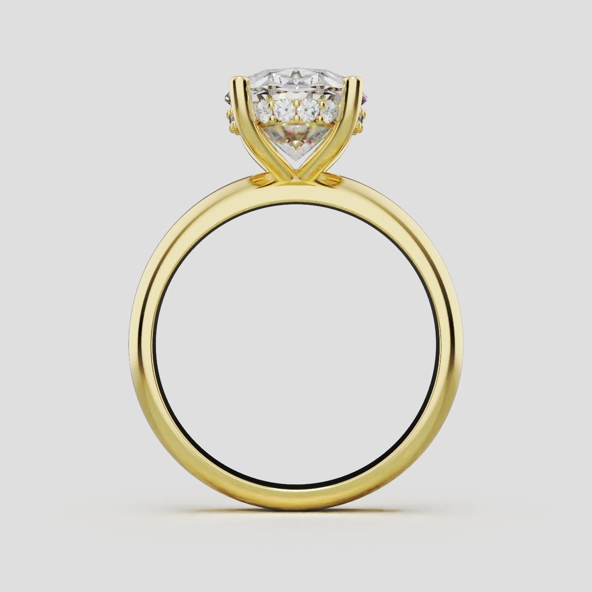 Riserbo, 3ct oval lab grown diamond engagement ring, Plain Sides, Hidden Halo, 18K yellow gold - through finger