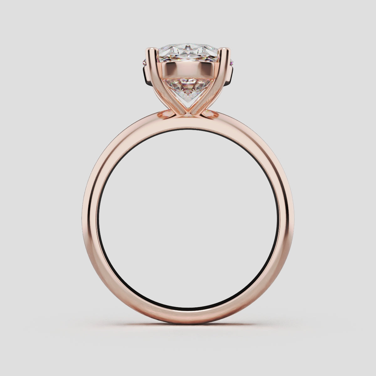 Candore, 3ct oval lab grown diamond engagement ring, Plain Sides, Plain Gallery, 18K rose gold - through finger