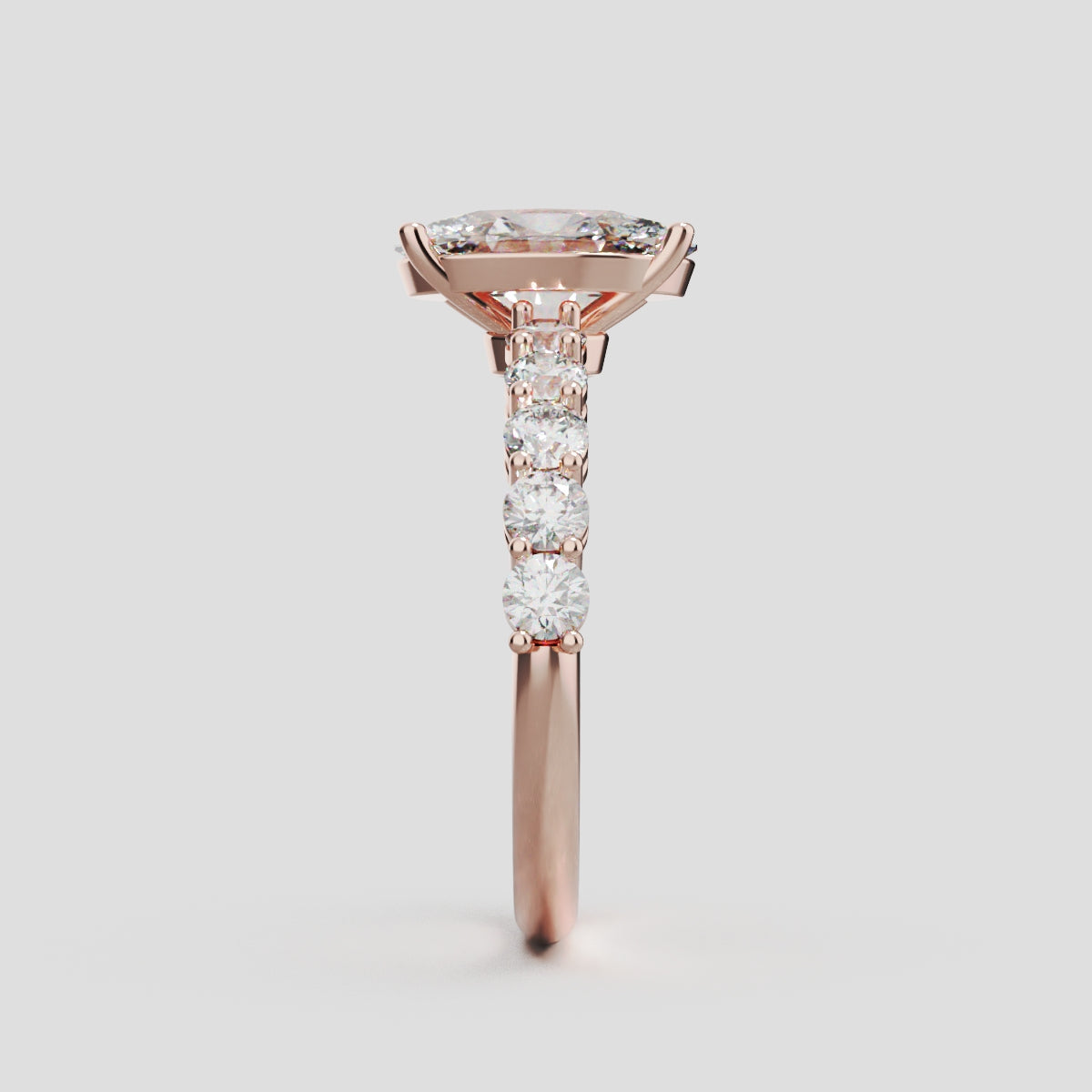 Rivo, 1.5ct oval lab grown diamond engagement ring, 2.5mm Side Stones, 18K rose gold - side view