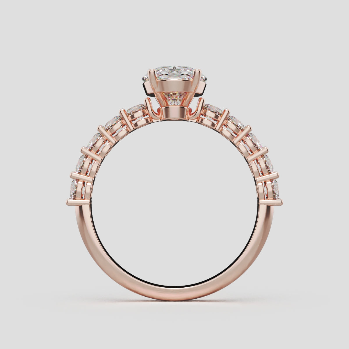 Rivo, 1.5ct oval lab grown diamond engagement ring, 2.5mm Side Stones, 18K rose gold - through finger