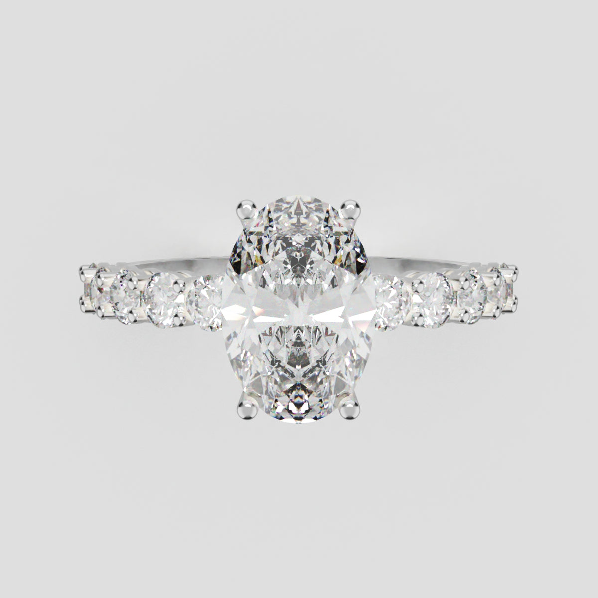 Rivo, 1.5ct oval lab grown diamond engagement ring, 2.5mm Side Stones, 18K white gold - front view