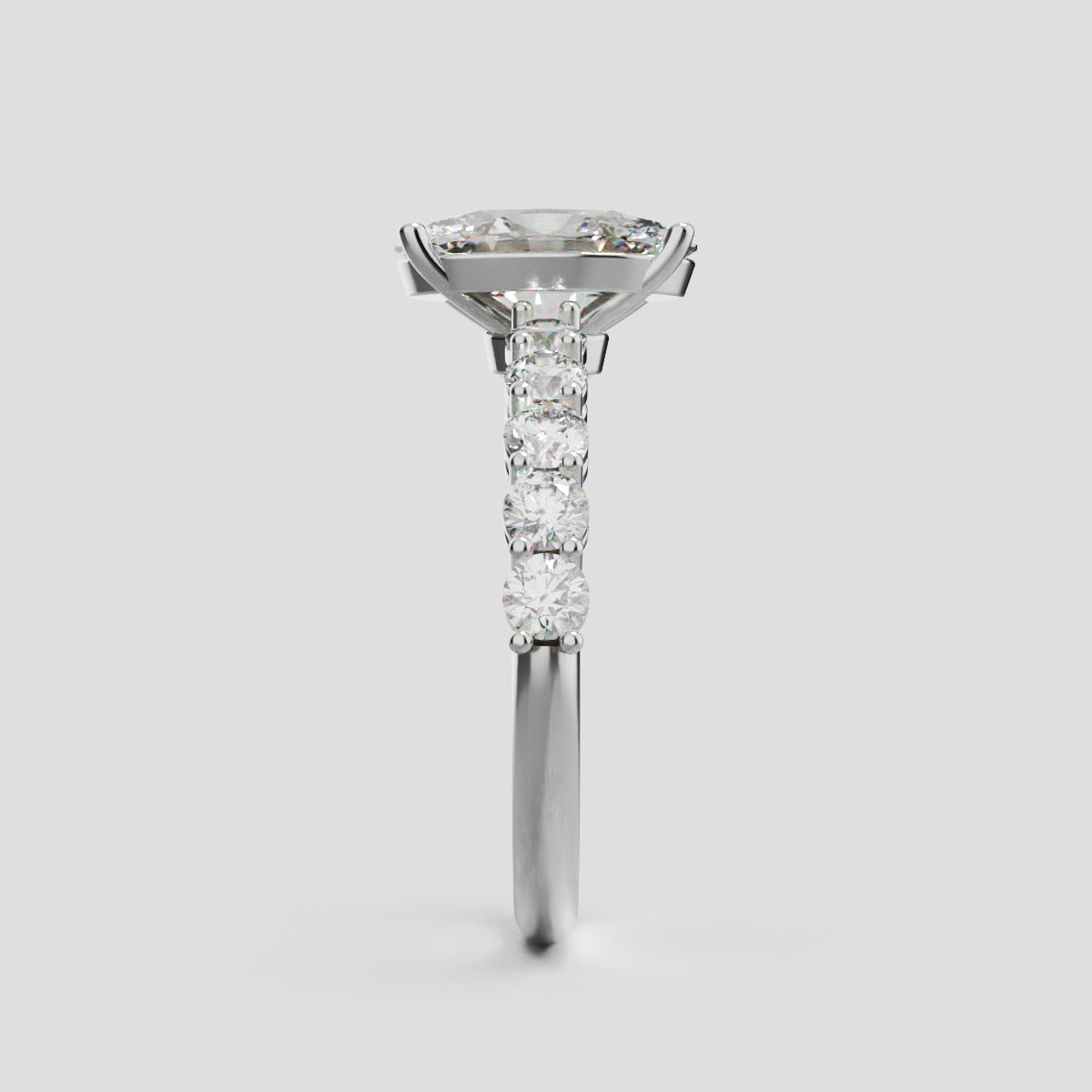Rivo, 1.5ct oval lab grown diamond engagement ring, 2.5mm Side Stones, 18K white gold - side view